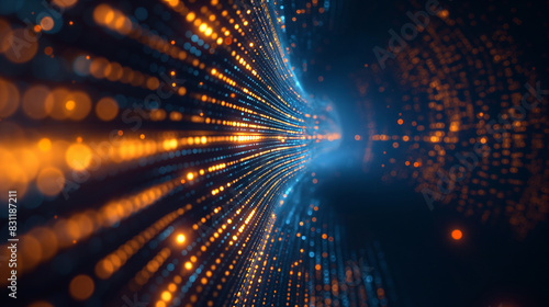 Digital background with animated glowing particles. Futuristic high tech illustration Data is transferred in cyberspace. Binary code background with lens flare, 3D rendering.