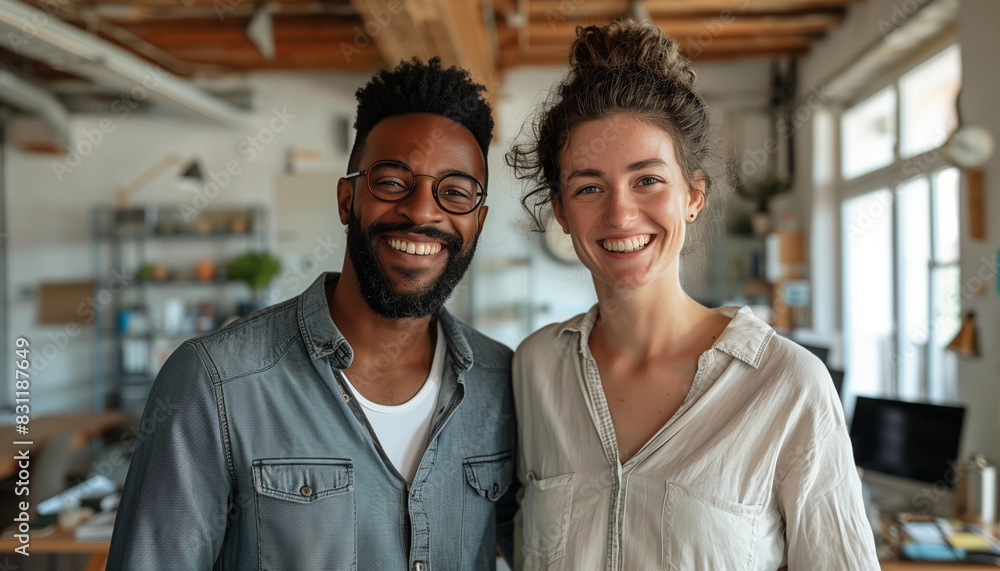 a detailed image of two business partners standing together in an open-plan office, both smiling and showing camaraderie, multiracial, Teamwork, Office, Occupation, Happy business a detailed image of two business partners standing together in an open-plan office, both smiling and showing camaraderie, multiracial, Teamwork, Office, Occupation, Happy business