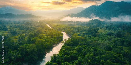 Tropical River. Aerial View of River in Lush Green Forest with Mountains in Beautiful Background