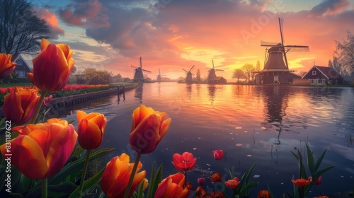 Dutch Windmill in Zaanse Schans with Tulip Fields and River Landscape photo