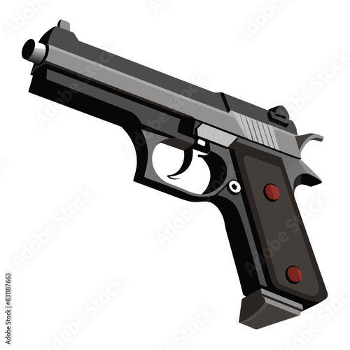 A black and silver handgun placed on a plain white surface against a backdrop
