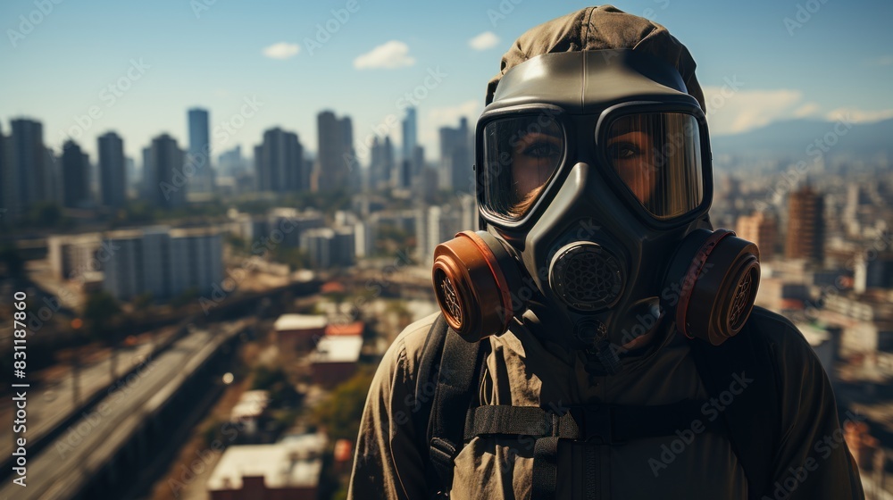 A person adorned with a gas mask stands with their back facing the camera, overlooking a sprawling urban cityscape below A person adorned with a gas mask stands with their back facing the camera, overlooking a sprawling urban cityscape below