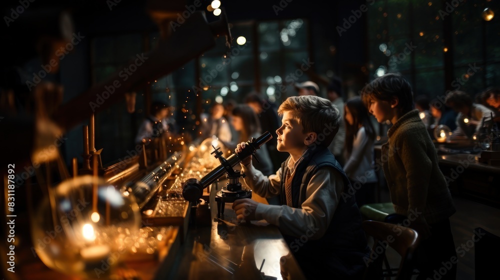 A group of children are engaged in scientific observation using microscopes in a warm-lit, enchanting workshop setting A group of children are engaged in scientific observation using microscopes in a warm-lit, enchanting workshop setting