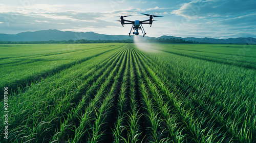Agricultural drones, smart farms, spraying chemical fertilizers in rice fields, an innovation of the 3D smart farming concept, industrial operations.