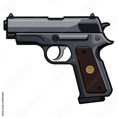 A black and silver handgun placed on a plain white surface against a backdrop