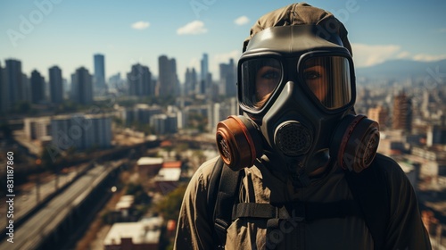 A person adorned with a gas mask stands with their back facing the camera, overlooking a sprawling urban cityscape below