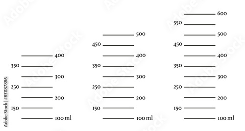 Set of scales 400, 500, 600 ml liquid volume. Measuring milliliters cup, jug to preparing cooking. Vector graphic template.