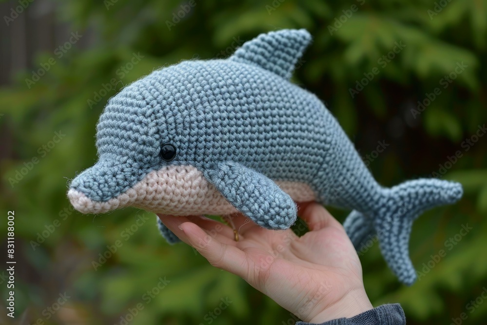 Obraz premium Closeup of a hand holding a cute crocheted dolphin toy with a blurred background