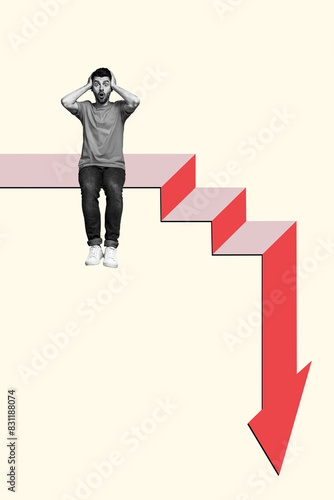 Composite artwork collage image of mini guy sit big arrow down isolated on creative background