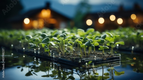 Young sprouts thrive in a hydroponic system against the backdrop of a homely cabin at night photo