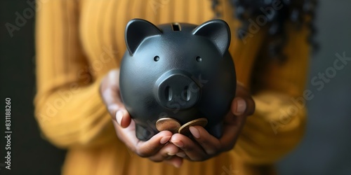 Black womans hand holding piggy bank with coins safeguarding financial future. Concept Finance, Savings, Wealth, Prosperity, Investment photo