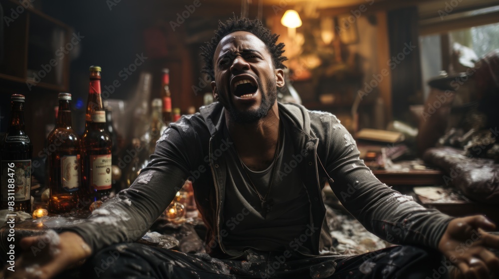 A man's identity obscured, he sits amongst many beer bottles in a dimly lit room A man's identity obscured, he sits amongst many beer bottles in a dimly lit room