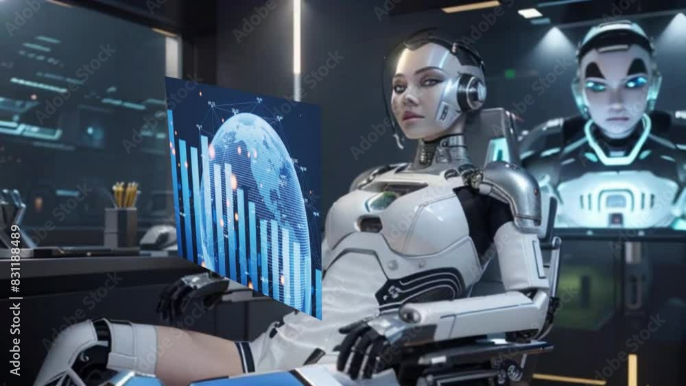 Androide, humanoide en su sala de trabajo con la última tecnología analizando el mundo observa globo terráqueo y un gráfico de barras que muestra tendencia de la Inteligencia Artificial