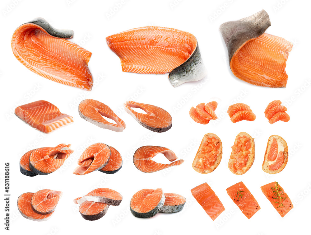 Raw Pink Salmon Steak, Red Fish, Chum or Trout Fillet Cut Out Raw Pink Salmon Steak, Red Fish, Chum or Trout Fillet Cut Out
