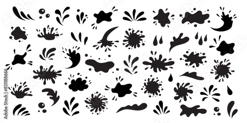 Water drops and splash silhouette collection in simple doodle style. Set different liquid shapes and silhouette.