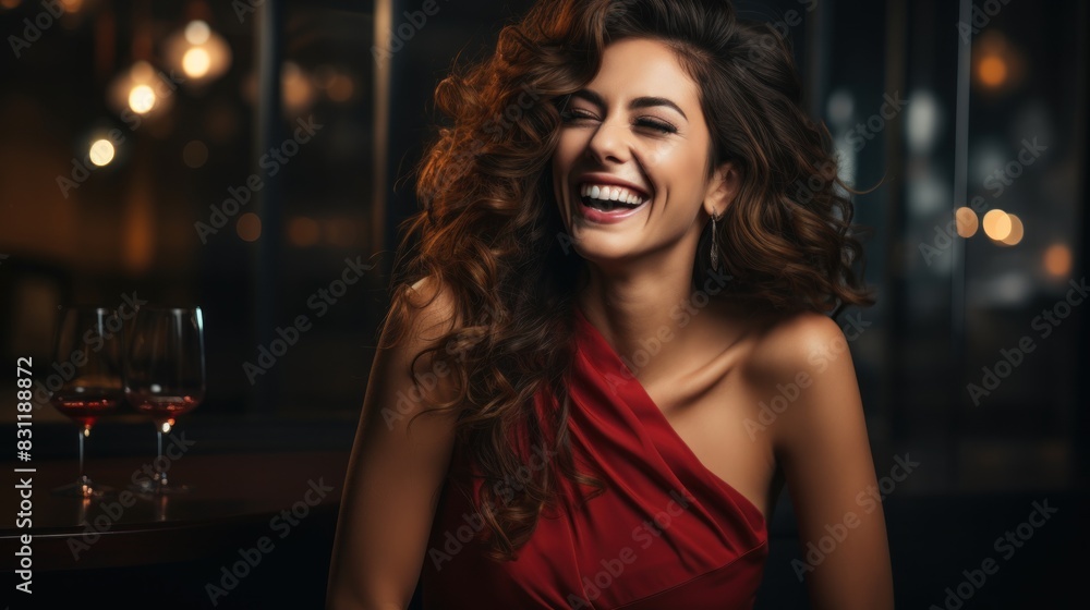 A vibrant woman with curly hair wearing an elegant red dress laughing candidly with wine glasses on a table in a classy bar setting A vibrant woman with curly hair wearing an elegant red dress laughing candidly with wine glasses on a table in a classy bar setting