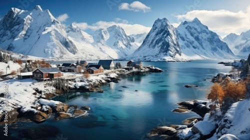 A picturesque winter scene featuring a snowy village by the fjords surrounded by towering mountains
