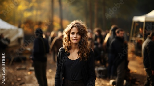 A serene young woman with soft features stands amid an outdoor camp showing a peaceful and thoughtful expression