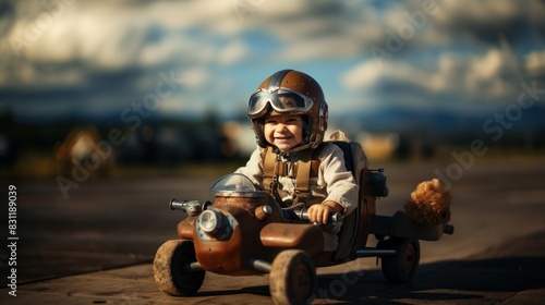 A smiling toddler dressed as a pilot sits in a wooden airplane toy with a picturesque sky, evoking nostalgia and adventure