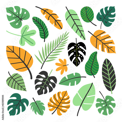 Tropical leaves set. Green  yellow and black abstract jungle leaves isolated on white. Summer vector clip art design for print  decoration  fabric  card.