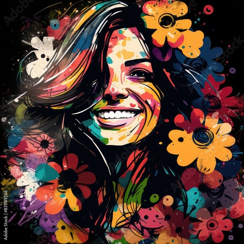 happy smiling young female face with floral decor