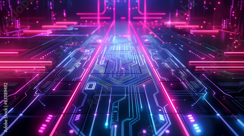 Abstract technology background Neon circuit board with bokeh effect High tech and dark background connection system with binary code and circuits. 3D rendering.