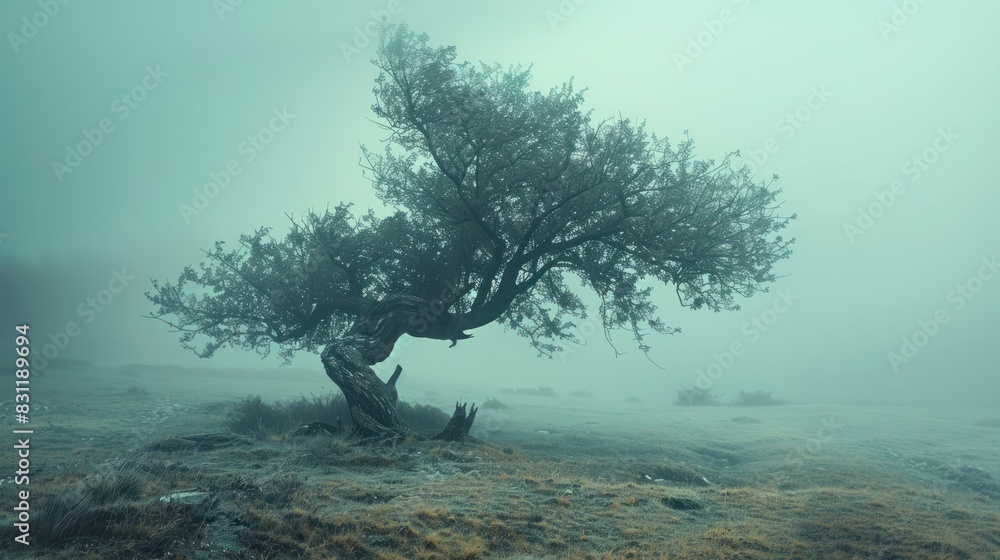 A wooden abandoned old farm house and one bare tree in a lonely springtime rural landscape A wooden abandoned old farm house and one bare tree in a lonely springtime rural landscape