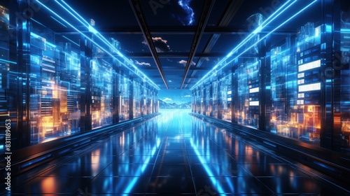 A stunning visual representation of a futuristic data center with glowing neon blue and orange lights