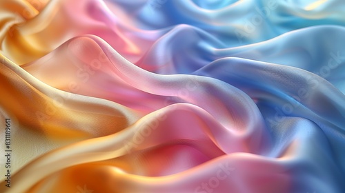 A colorful and shiny fabric design featuring smooth, wavy lines in gradient shades of gold, blue, and pink, providing a beautiful and modern background. Minimal and Simple style