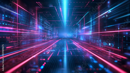 Abstract technology background Neon circuit board with bokeh effect High tech and dark background connection system with binary code and circuits. 3D rendering.