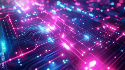 Abstract technology background Neon circuit board with bokeh effect High tech and dark background connection system with binary code and circuits. 3D rendering.
