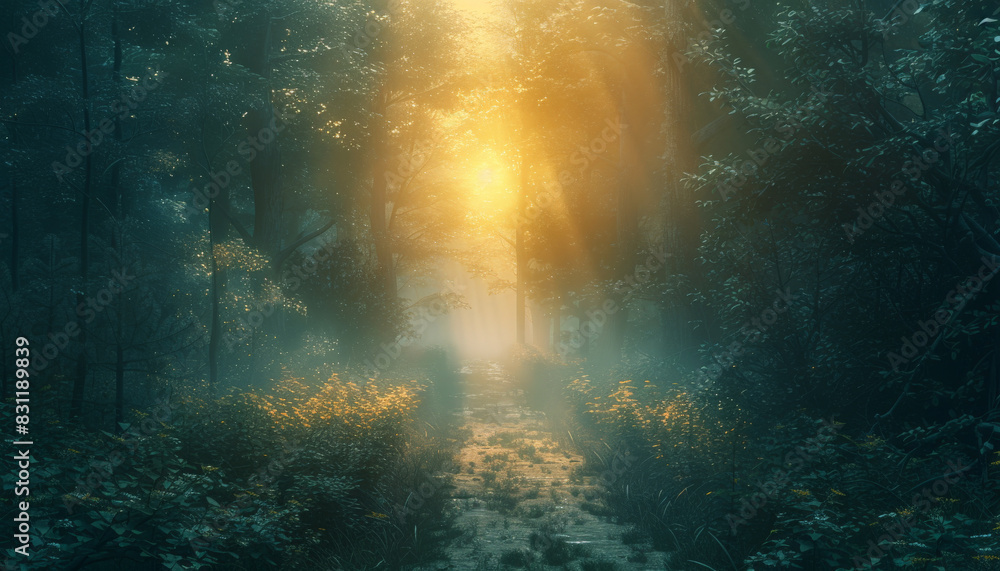 Obraz premium The photo shows a beautiful forest with a bright light shining through the trees.