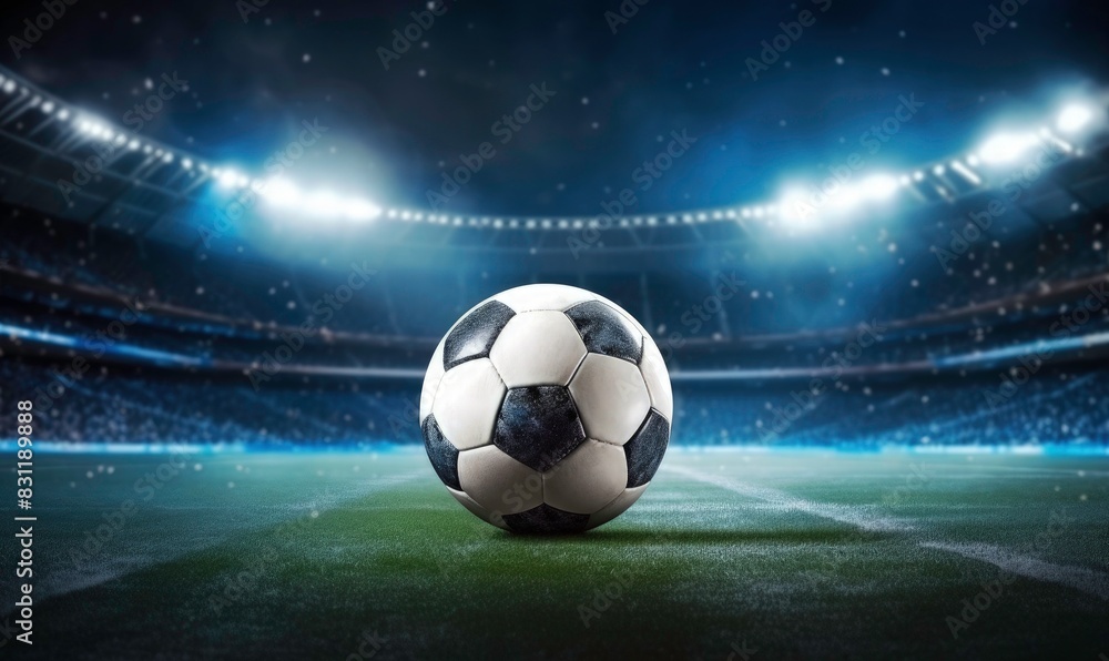 Obraz premium Soccer ball on the field of stadium with spotlight and dark sky background, sport competition concept. wide angle lens realistic daylight