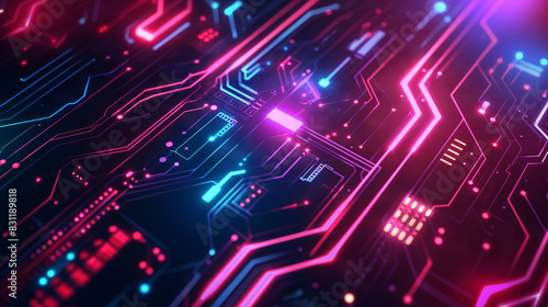 Abstract technology background Neon circuit board with bokeh effect High tech and dark background connection system with binary code and circuits. 3D rendering.