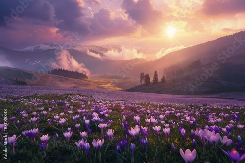 Captivating sunset with clouds over a purple crocusfilled valley and snowy peaks