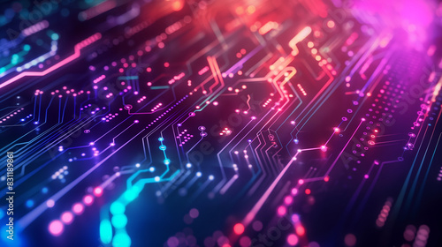 Abstract technology background Neon circuit board with bokeh effect High tech and dark background connection system with binary code and circuits. 3D rendering.