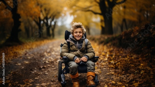 Smiling boy in a wheelchair on a picturesque autumnal path showing accessibility in nature © AS Photo Family
