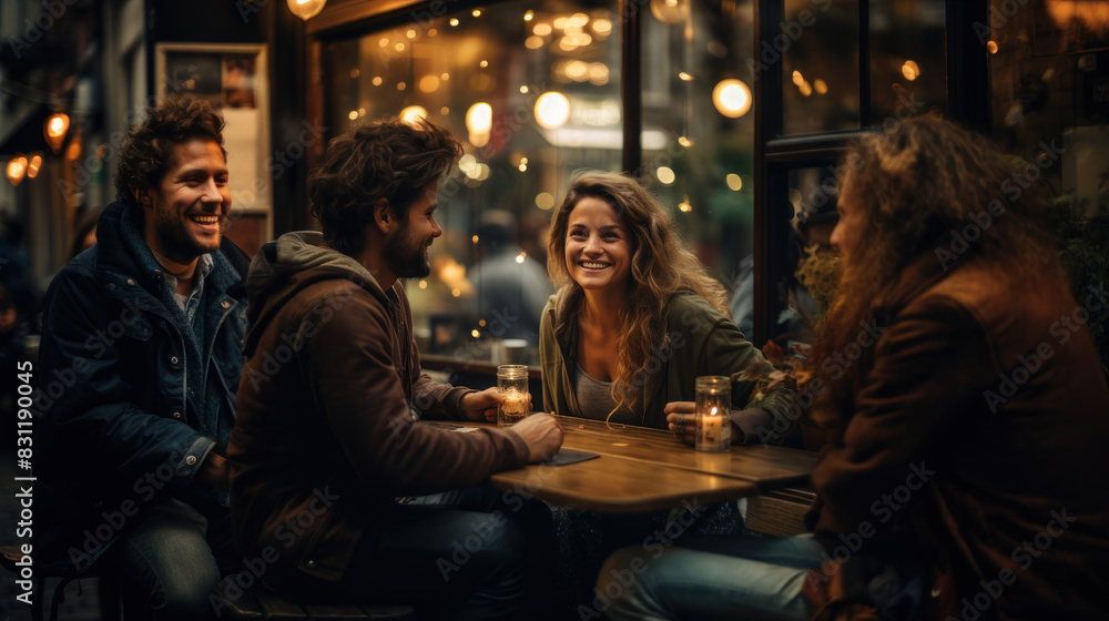 A group of four friends share laughter and good times at a table in a warm, inviting night-time setting A group of four friends share laughter and good times at a table in a warm, inviting night-time setting