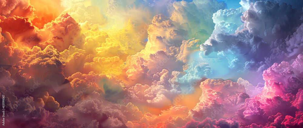 Colorful clouds and sky background with colorful abstract colors, psychedelic color palette, surreal landscape, fantasy sky