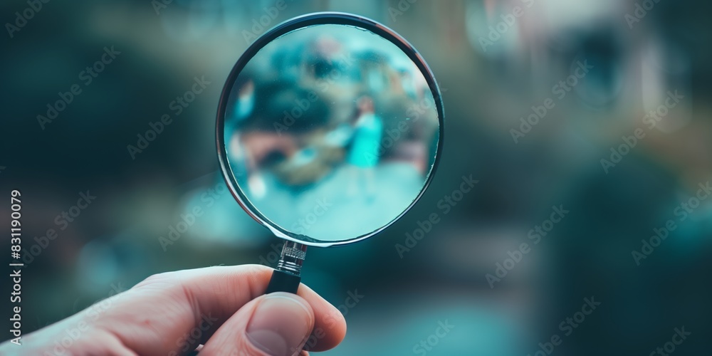 A close-up shot capturing a person with blurred detail through a handheld magnifying glass with a busy backdrop A close-up shot capturing a person with blurred detail through a handheld magnifying glass with a busy backdrop