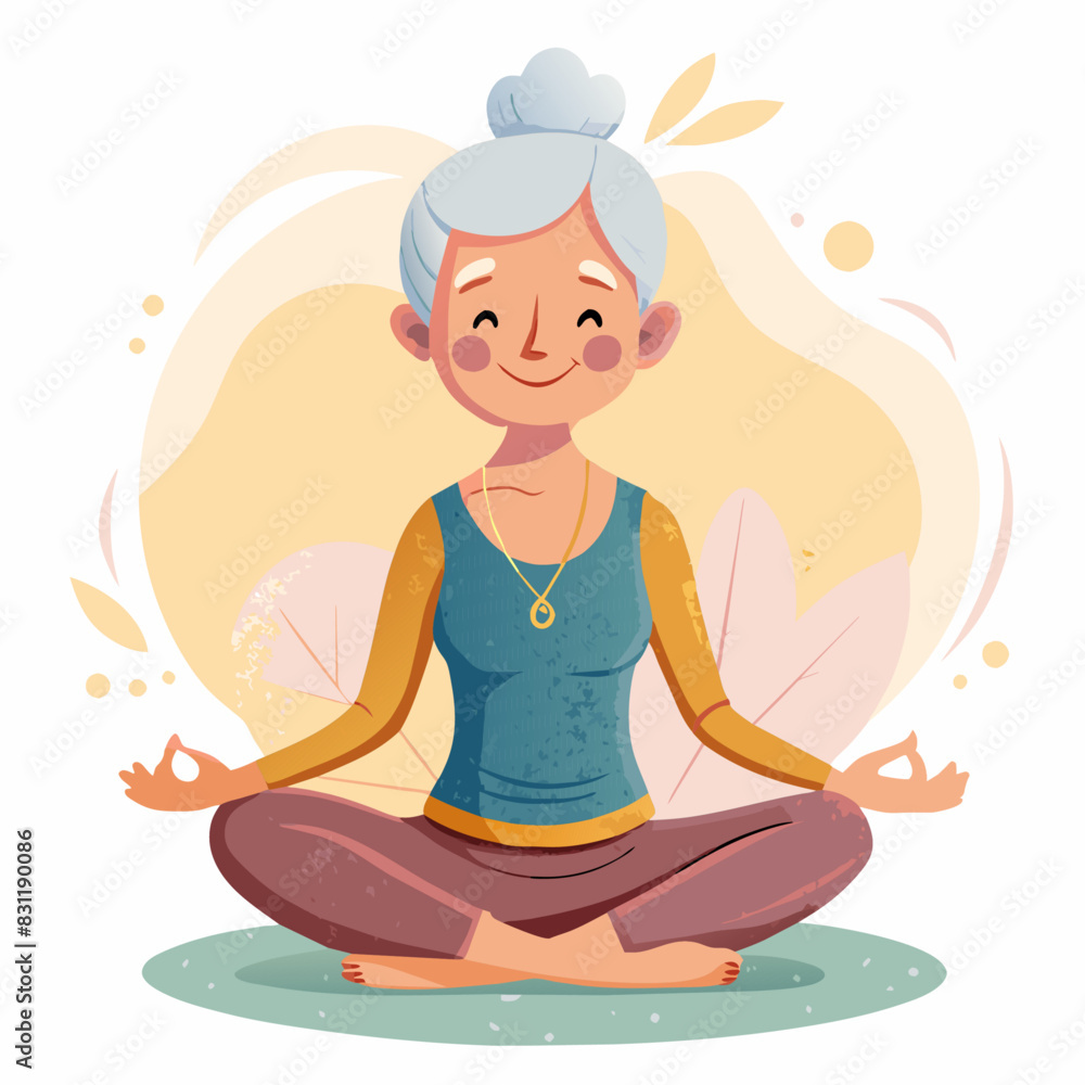 A hand-drawn drawing in watercolor paints of an elderly grandmother doing yoga on a mat in the lotus position A hand-drawn drawing in watercolor paints of an elderly grandmother doing yoga on a mat in the lotus position