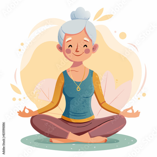 A hand-drawn drawing in watercolor paints of an elderly grandmother doing yoga on a mat in the lotus position