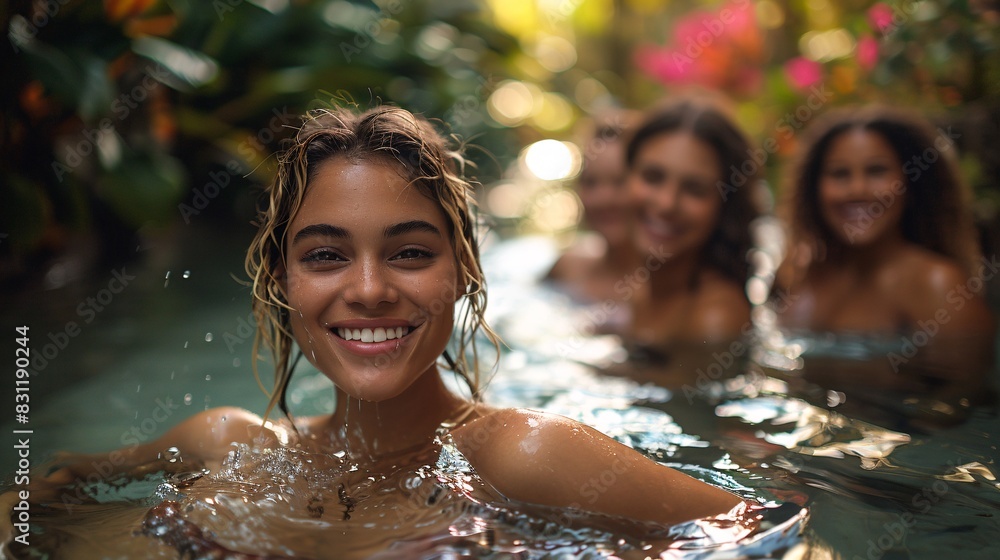 Beautiful woman playing in the pool with her friends Beautiful woman playing in the pool with her friends