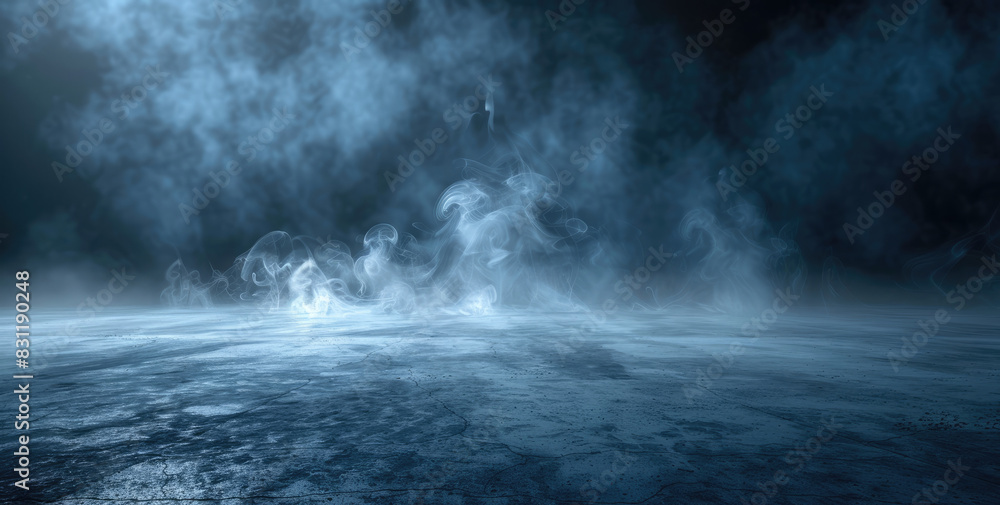 ark blue background with fog and smoke creating a dark, night atmosphere with dim lighting. Fog covered the floor and background. Created with Ai