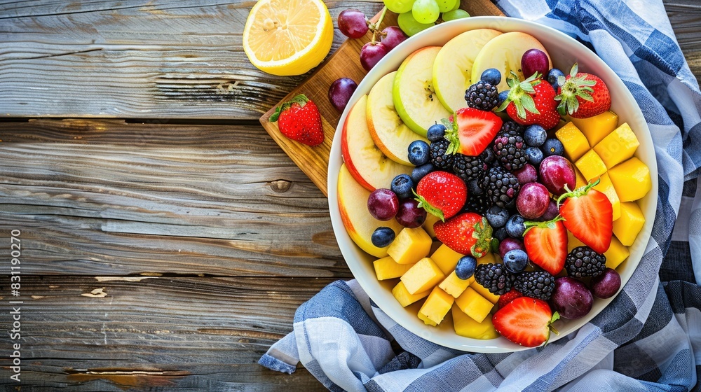 a fruit salad and fresh fruits on a wooden table. A bowl contains apple slices, strawberry, grape, blueberry, blackberry, peach, and banana. a fruit salad and fresh fruits on a wooden table. A bowl contains apple slices, strawberry, grape, blueberry, blackberry, peach, and banana.