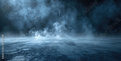 ark blue background with fog and smoke creating a dark, night atmosphere with dim lighting. Fog covered the floor and background. Created with Ai photo