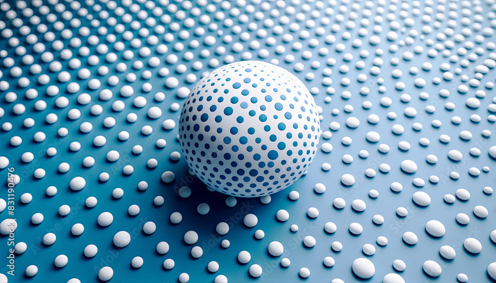 A white sphere with blue dots sits on a surface covered in smaller white spheres, creating a pattern of dots in varying sizes, all on a blue background.