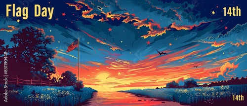 Sunrise scene with flagpole, flowing flag; 