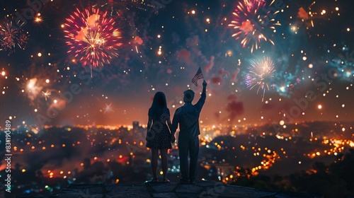 Black American couple on rooftop, watching fireworks  city skyline with twinkling lights  holding hands, waving American flag. © Thai