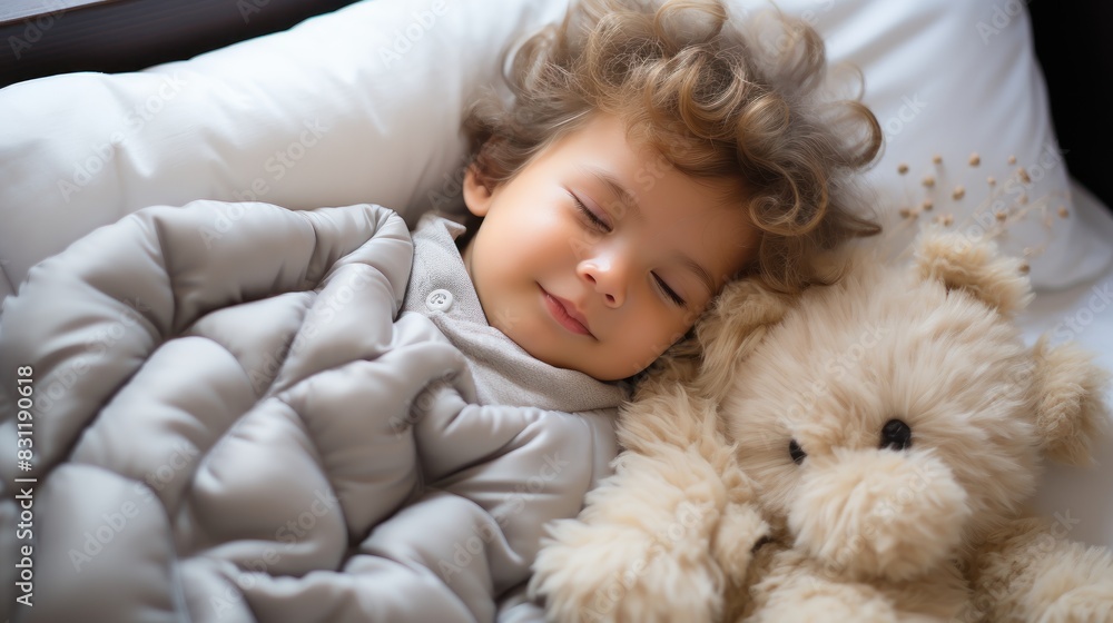 An obscured face of a young child sleeping peacefully in bed with a teddy bear, creating a sense of comfort
